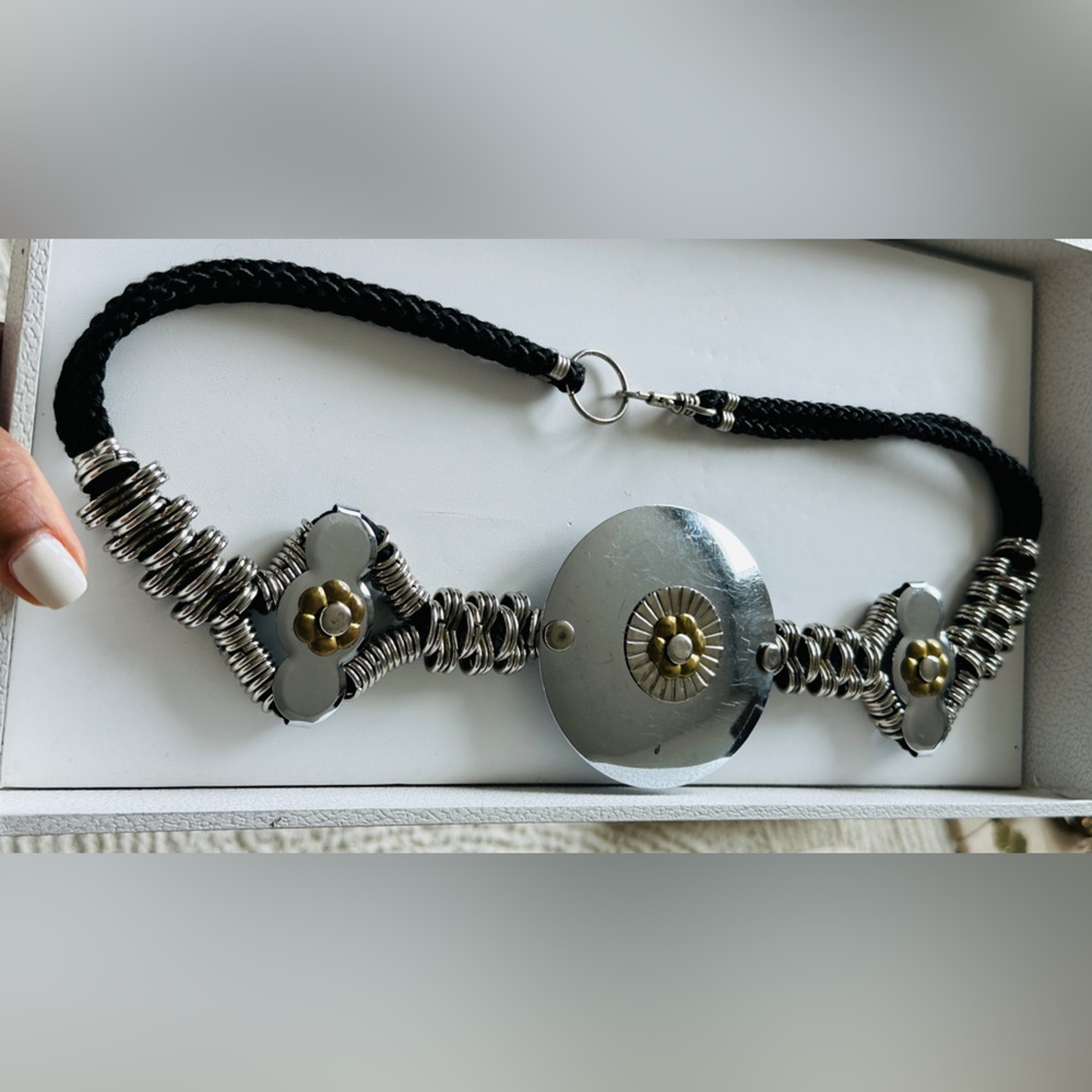 Vintage Statement Metal Medallion Belt | Sculptural Mixed Metal Waist Belt - Picture 2 of 9